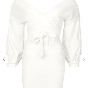PLUS SIZE OFF THE SHOULDER WRAP MIDI BODYCON DRESS-Boohoo
